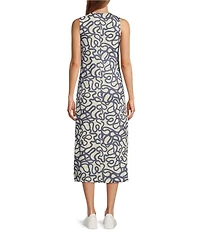 Every Woven Doodle Print V-Neck Sleeveless Button Front Shift Midi Dress