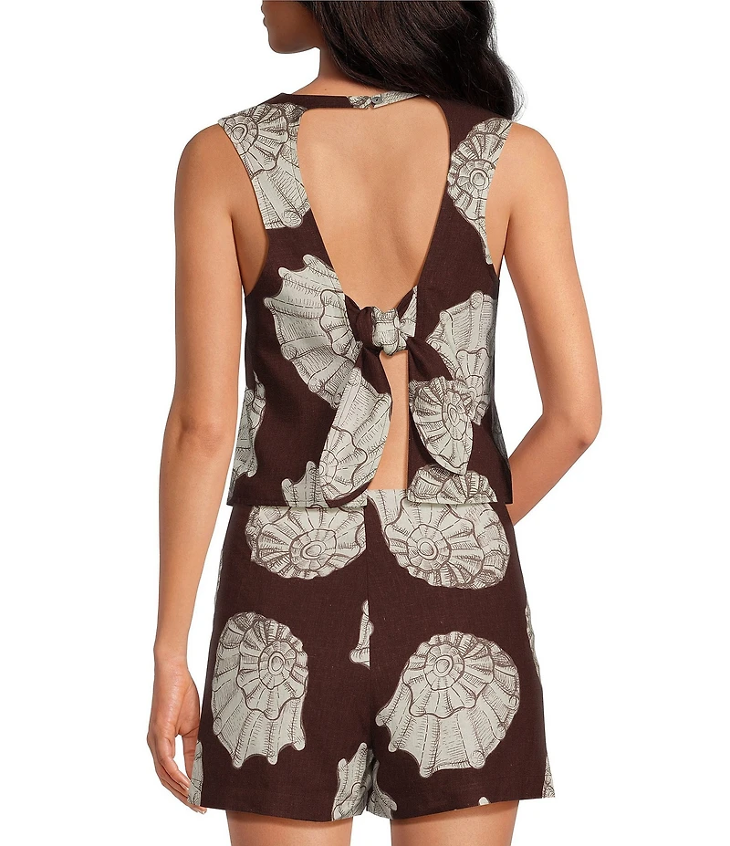 Every Woven Shell Print Round Neck Sleeveless Tie Back Coordinating Top