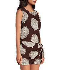 Every Woven Shell Print Round Neck Sleeveless Tie Back Coordinating Top