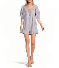 Every Woven Striped Scoop Neck Short Balloon Sleeve Romper