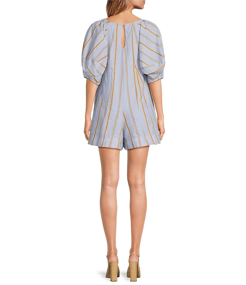 Every Woven Striped Scoop Neck Short Balloon Sleeve Romper