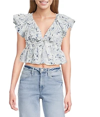 Evolutionary Bow Print V-Neck Short Sleeve Top