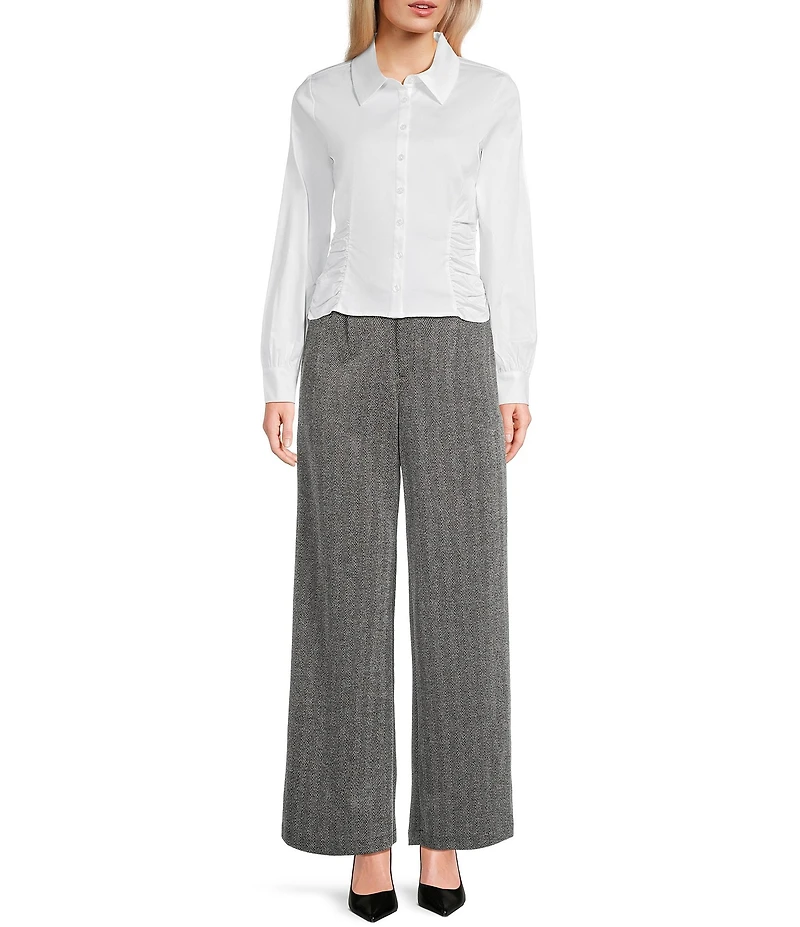 Evolutionary Collared Long Sleeve Button Front Side Ruched Shirt