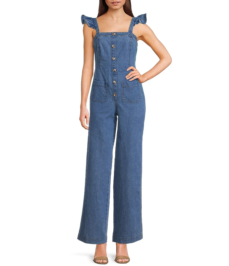 Evolutionary Denim Ruffled Shoulder Strap Jumpsuit