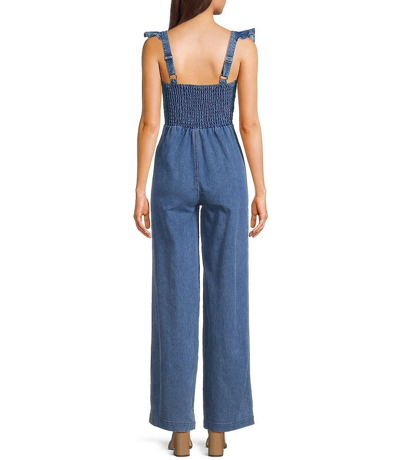 Evolutionary Denim Ruffled Shoulder Strap Jumpsuit