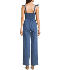 Evolutionary Denim Ruffled Shoulder Strap Jumpsuit
