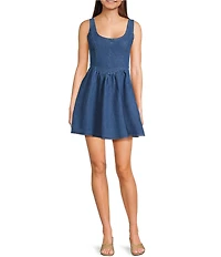 Evolutionary Denim Scoop Neck Corset Inspired Pleated Dress