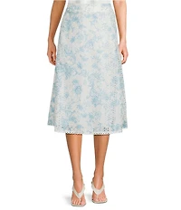 Evolutionary Embroidered Floral Eyelet Mid Rise A-Line Midi Skirt