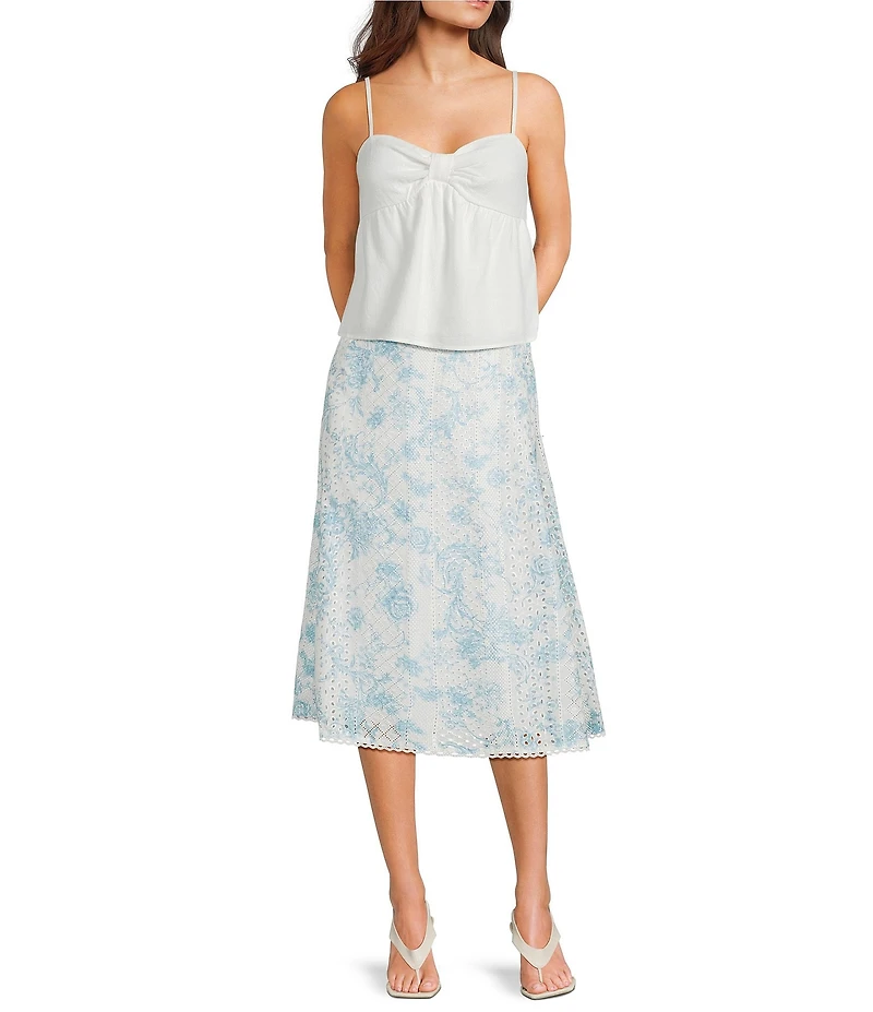 Evolutionary Embroidered Floral Eyelet Mid Rise A-Line Midi Skirt