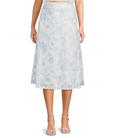 Evolutionary Embroidered Floral Eyelet Mid Rise A-Line Midi Skirt