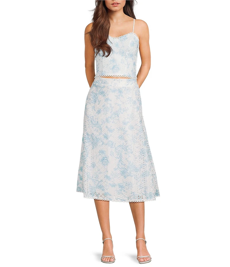 Evolutionary Embroidered Floral Eyelet Mid Rise A-Line Midi Skirt