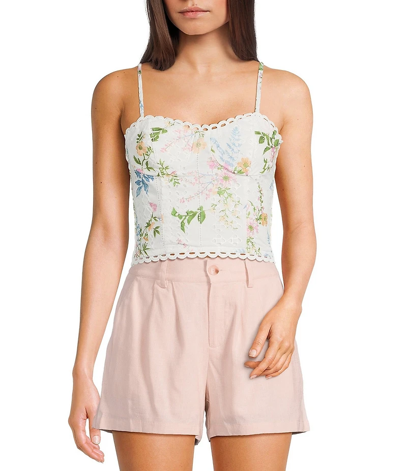 Evolutionary Eyelet Floral Print Sweetheart Neck Spaghetti Strap Tank Top