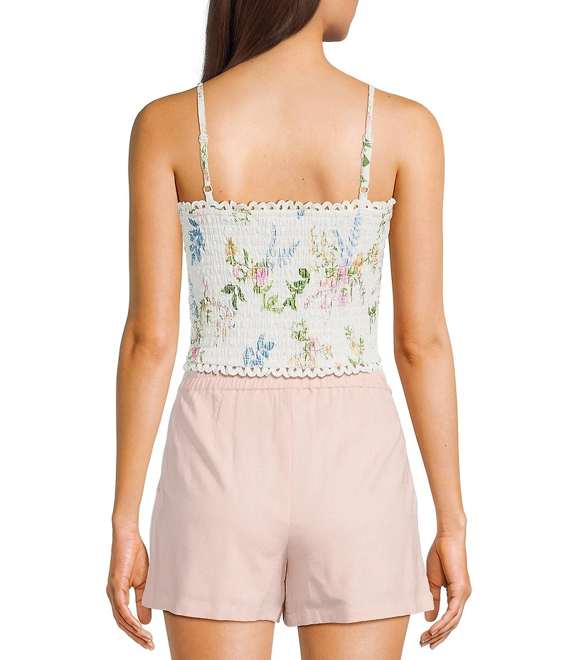 Evolutionary Eyelet Floral Print Sweetheart Neck Spaghetti Strap Tank Top