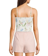 Evolutionary Eyelet Floral Print Sweetheart Neck Spaghetti Strap Tank Top