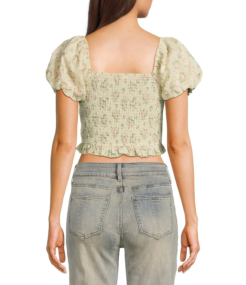 Evolutionary Floral Print Square Neck Short Puff Sleeve Top