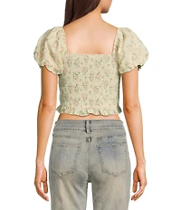 Evolutionary Floral Print Square Neck Short Puff Sleeve Top