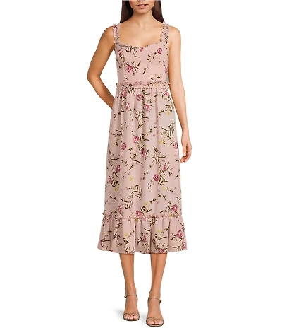 Evolutionary Floral Print Sweetheart Neck Spaghetti Strap Dress