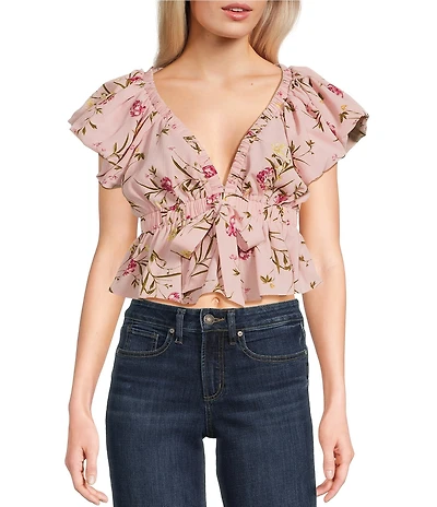 Evolutionary Floral Print V-Neck Short Sleeve Ruffle Top