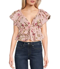 Evolutionary Floral Print V-Neck Short Sleeve Ruffle Top