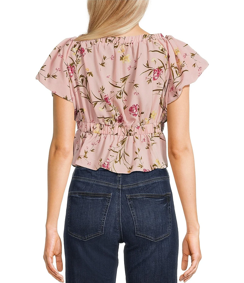 Evolutionary Floral Print V-Neck Short Sleeve Ruffle Top