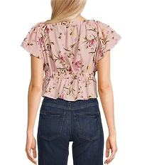 Evolutionary Floral Print V-Neck Short Sleeve Ruffle Top