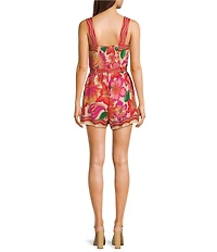 Evolutionary Floral Printed Belted Tie Front Romper