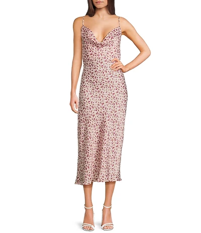 Evolutionary Floral Printed Cowl Neck Midi Slip Dress