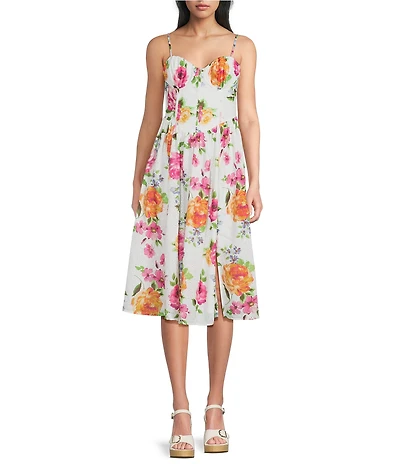 Evolutionary Floral Printed Eyelet A Sweetheart Neck Corseted Side Slit Dress