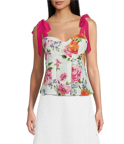 Evolutionary Floral Printed Eyelet Sweetheart Neck Tie Shoulder Corset Top