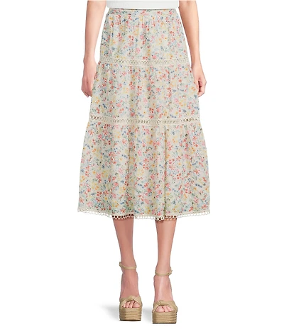 Evolutionary Floral Printed Eyelet Tiered Maxi Skirt