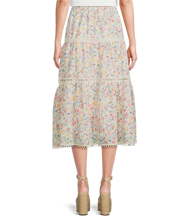 Evolutionary Floral Printed Eyelet Tiered Maxi Skirt