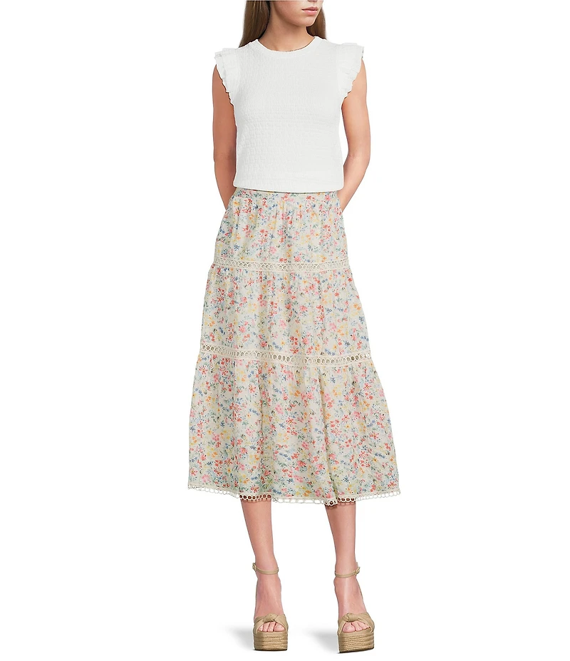 Evolutionary Floral Printed Eyelet Tiered Maxi Skirt