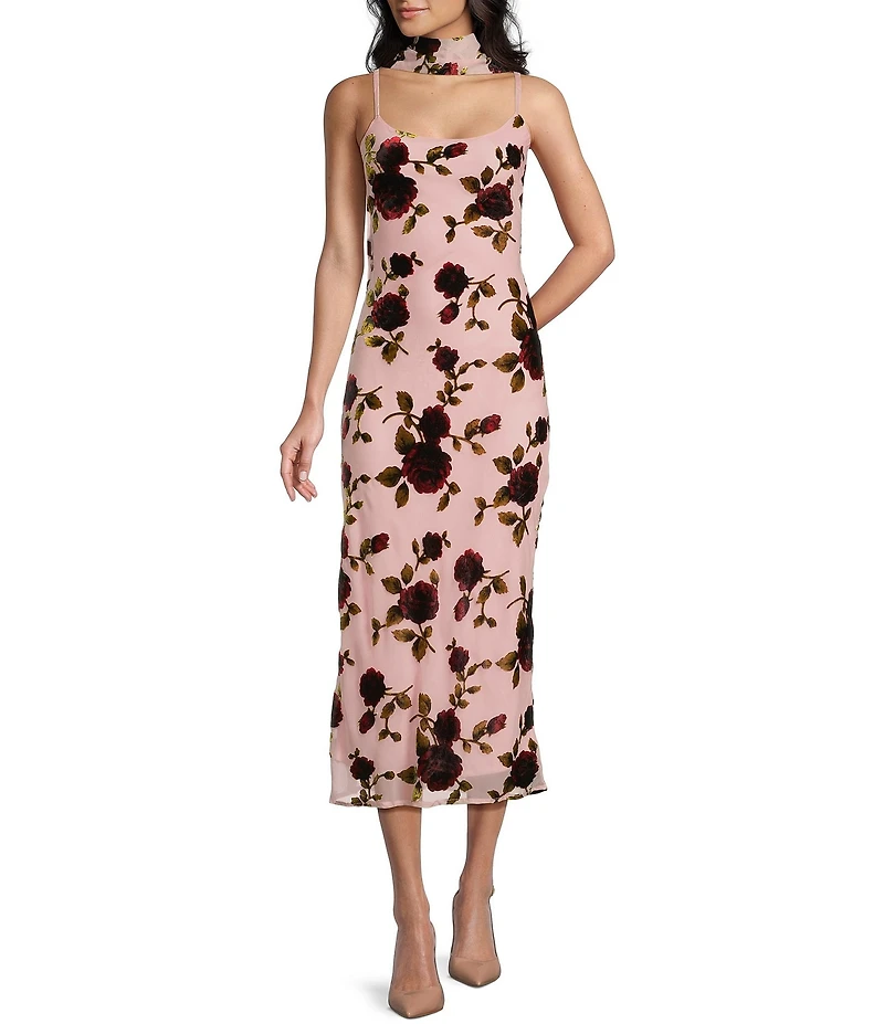 Evolutionary Floral Printed Scarf Side Slit Midi Dress