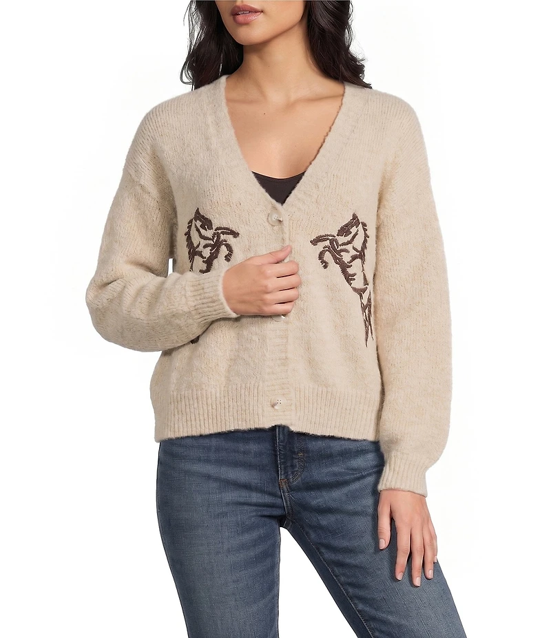 Evolutionary Horse Button Front Long Sleeve Cardigan