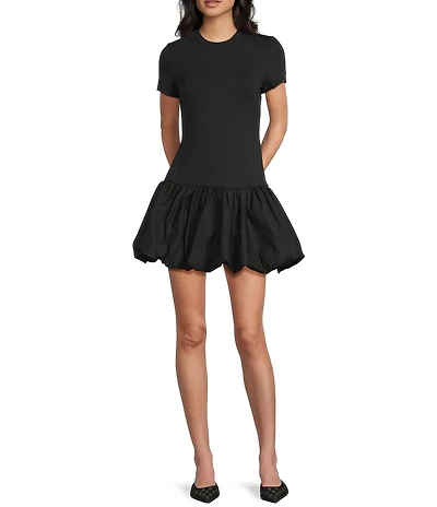 Evolutionary Jersey Woven Short Sleeve Drop Waist Bubble Dress