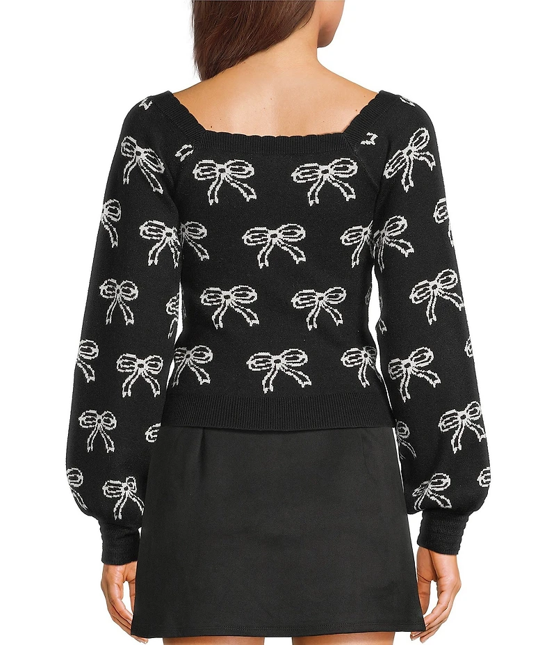 Evolutionary Knit Bow Print Square Neck Long Sleeve Sweater