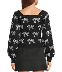 Evolutionary Knit Bow Print Square Neck Long Sleeve Sweater
