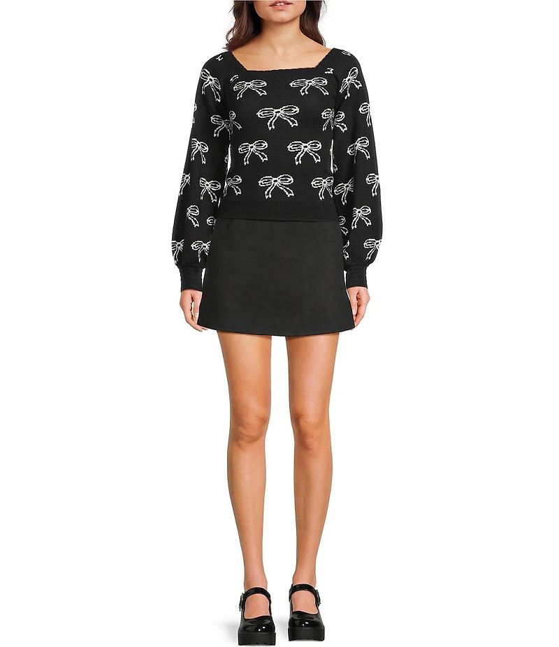 Evolutionary Knit Bow Print Square Neck Long Sleeve Sweater