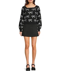Evolutionary Knit Bow Print Square Neck Long Sleeve Sweater
