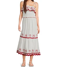 Evolutionary Linen Smocked Tie Strap Cherry Ricrac Trim Coordinating Top
