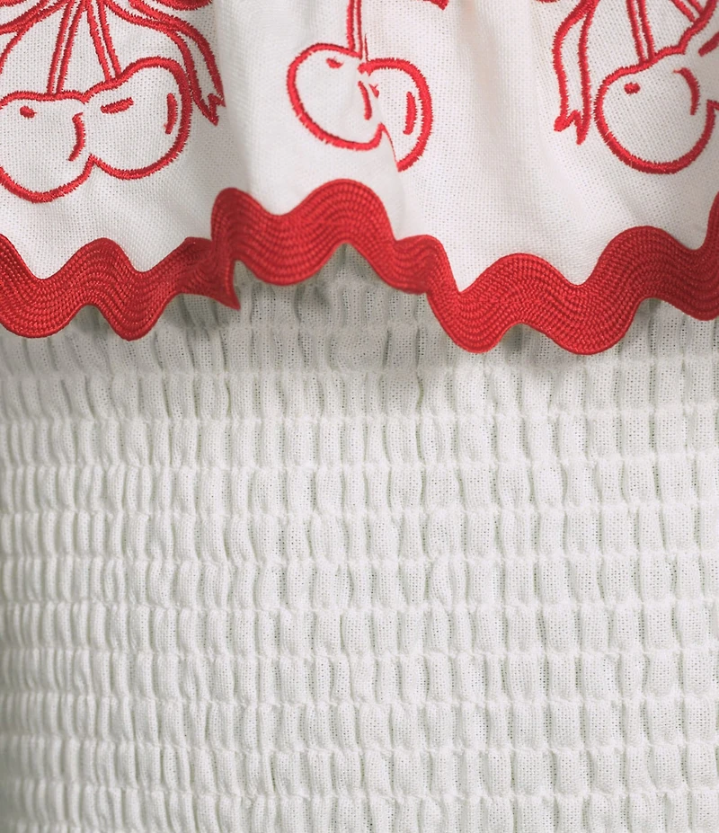 Evolutionary Linen Smocked Tie Strap Cherry Ricrac Trim Coordinating Top