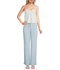 Evolutionary Linen Tencel Blend Mid Rise Button Front Flat Front Wide Leg Pants