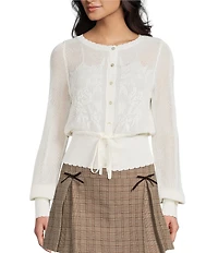 Evolutionary Pointelle Crew Neck Long Sleeve Button Front Sweater