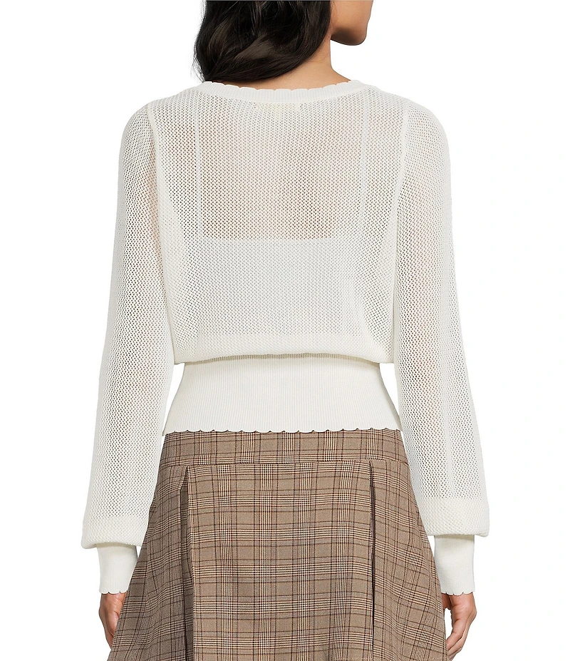 Evolutionary Pointelle Crew Neck Long Sleeve Button Front Sweater
