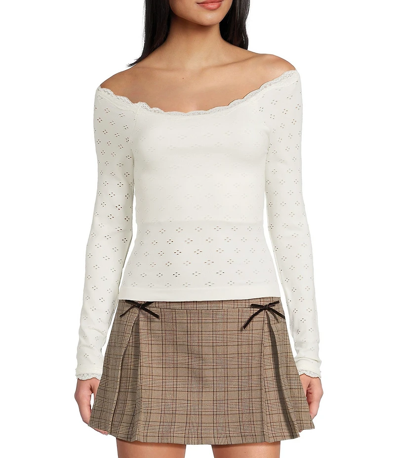 Evolutionary Pointelle Lace Off-The-Shoulder Long Sleeve Top