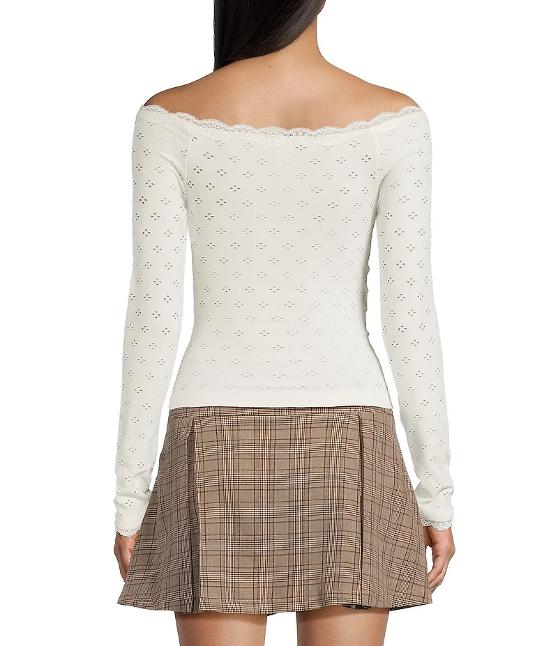 Evolutionary Pointelle Lace Off-The-Shoulder Long Sleeve Top