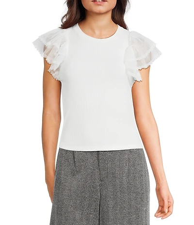 Evolutionary Ribbed Short Sleeve Ruffle Sleeve Top