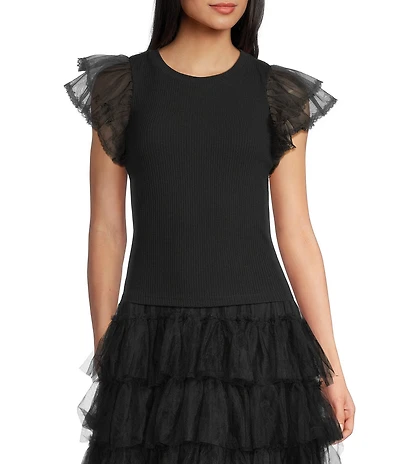 Evolutionary Ribbed Short Sleeve Ruffle Sleeve Top