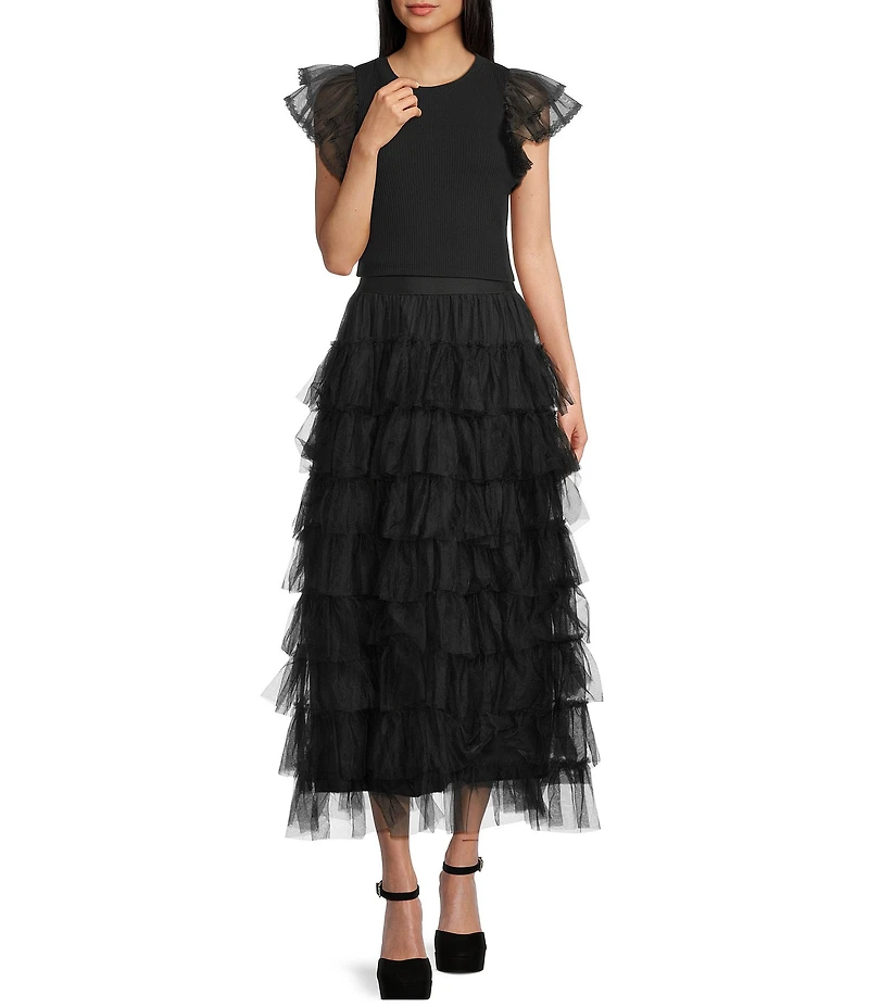 Evolutionary Ribbed Short Sleeve Ruffle Sleeve Top