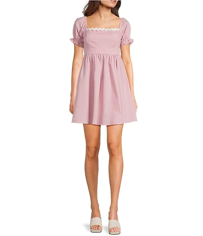 Evolutionary Short Puff Sleeve Square Neck Ric Rac Trim Dress